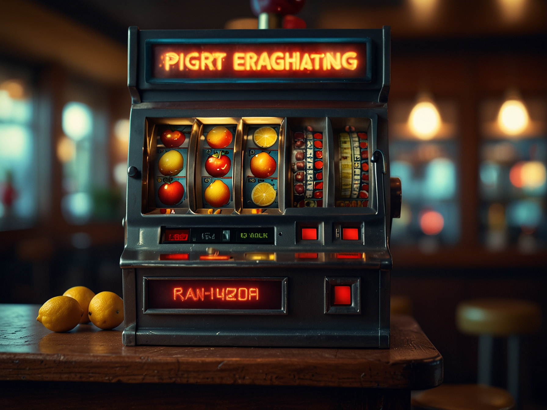 Retro Slot Banner mit Früchtesymbolen und neonfarbenen Lichtern